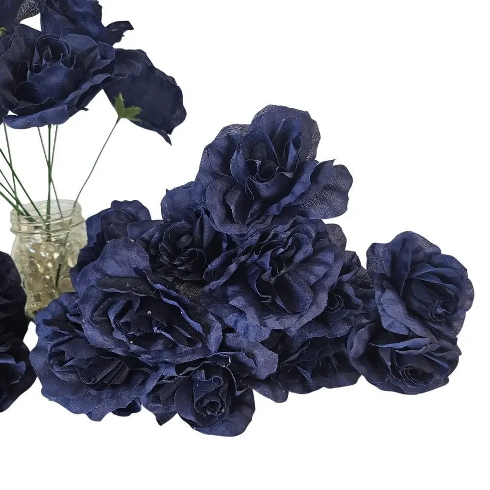 Navy Blue Artificial Roses 3in Fluffy Silk Flowers Stems Wedding Craft Lot of 20